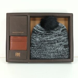 FRYE Leather Card Wallet Insert Knit Beanie Pom Pom Marled Black White Set NEW